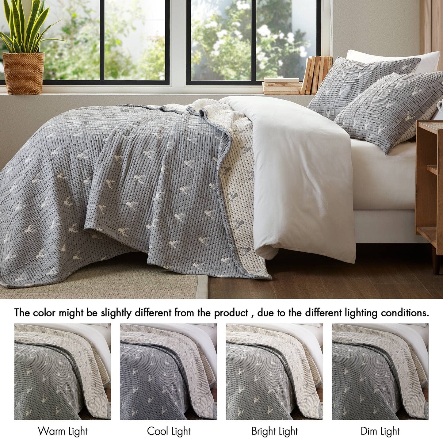 3 Piece Reversible Rustic Coverlet Set, Grey