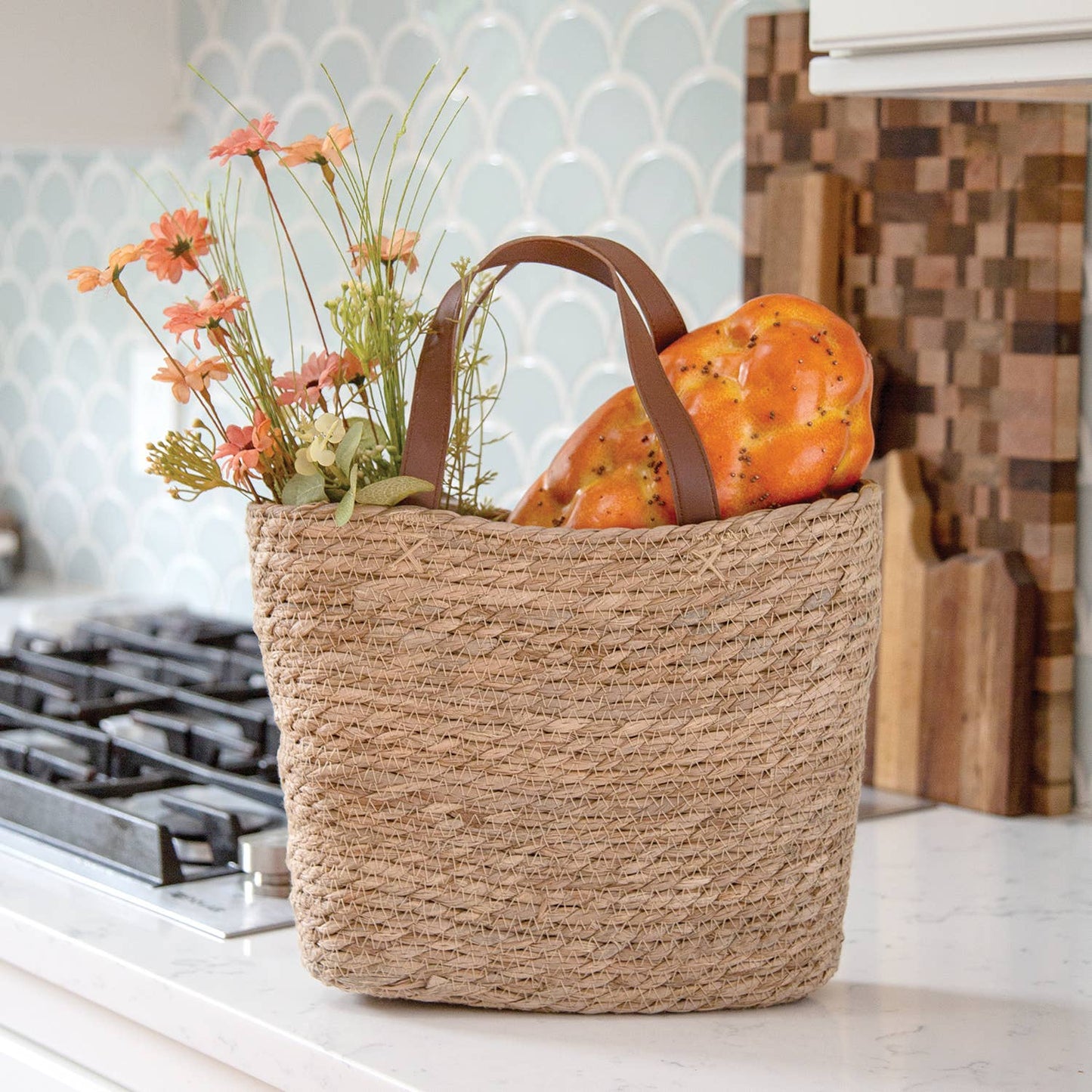 Woven Seagrass Tote w/Leather Handles