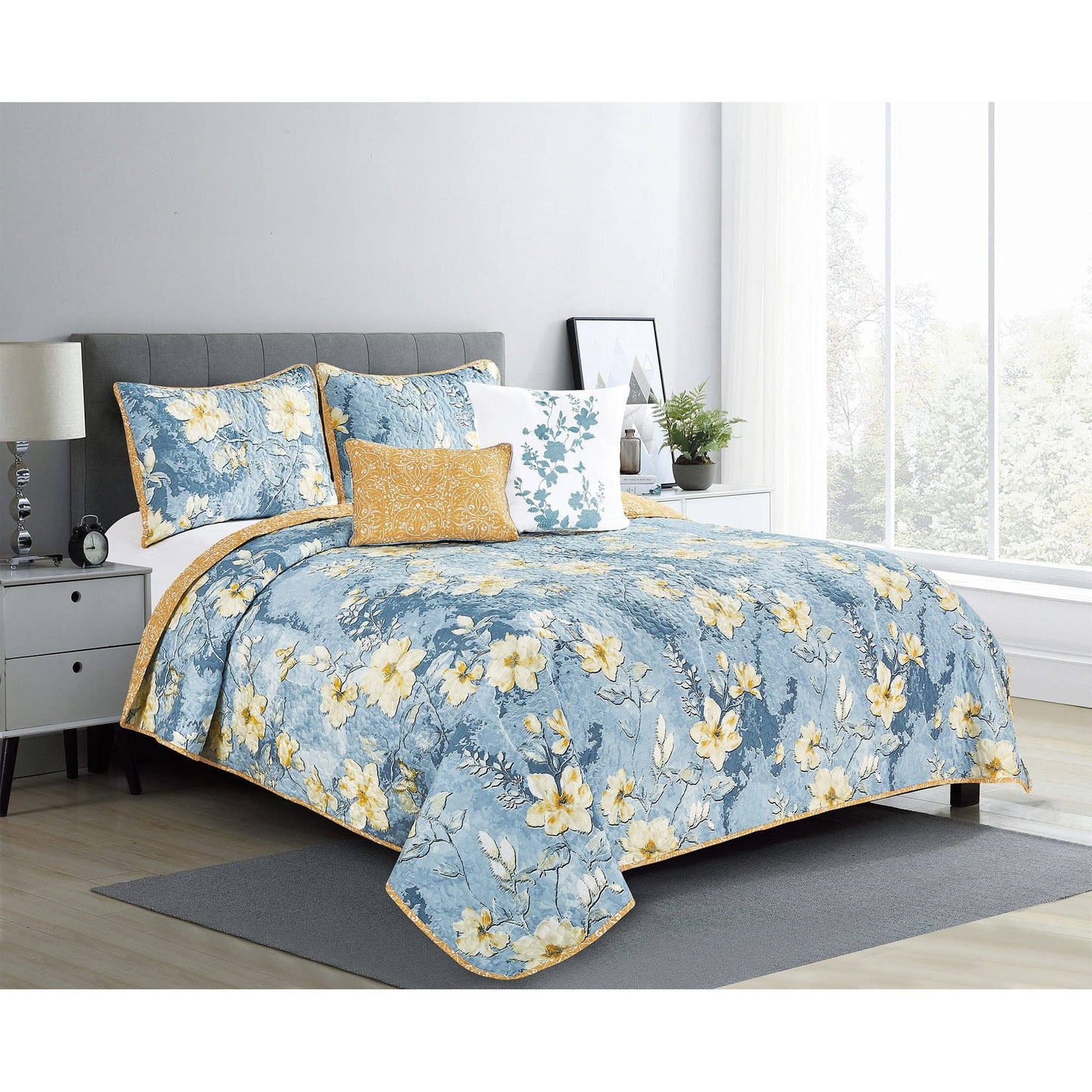 Somerset Floral Oversized 5 Piece Reversible Quilt Set, Blue-Gold