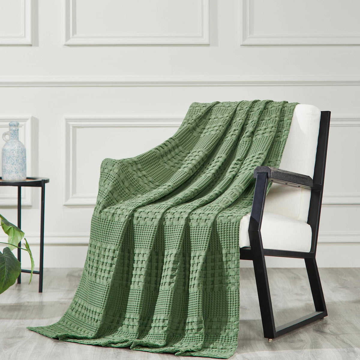 Moss Green Waffle Weave Throw Blanket – Cotton 50x60