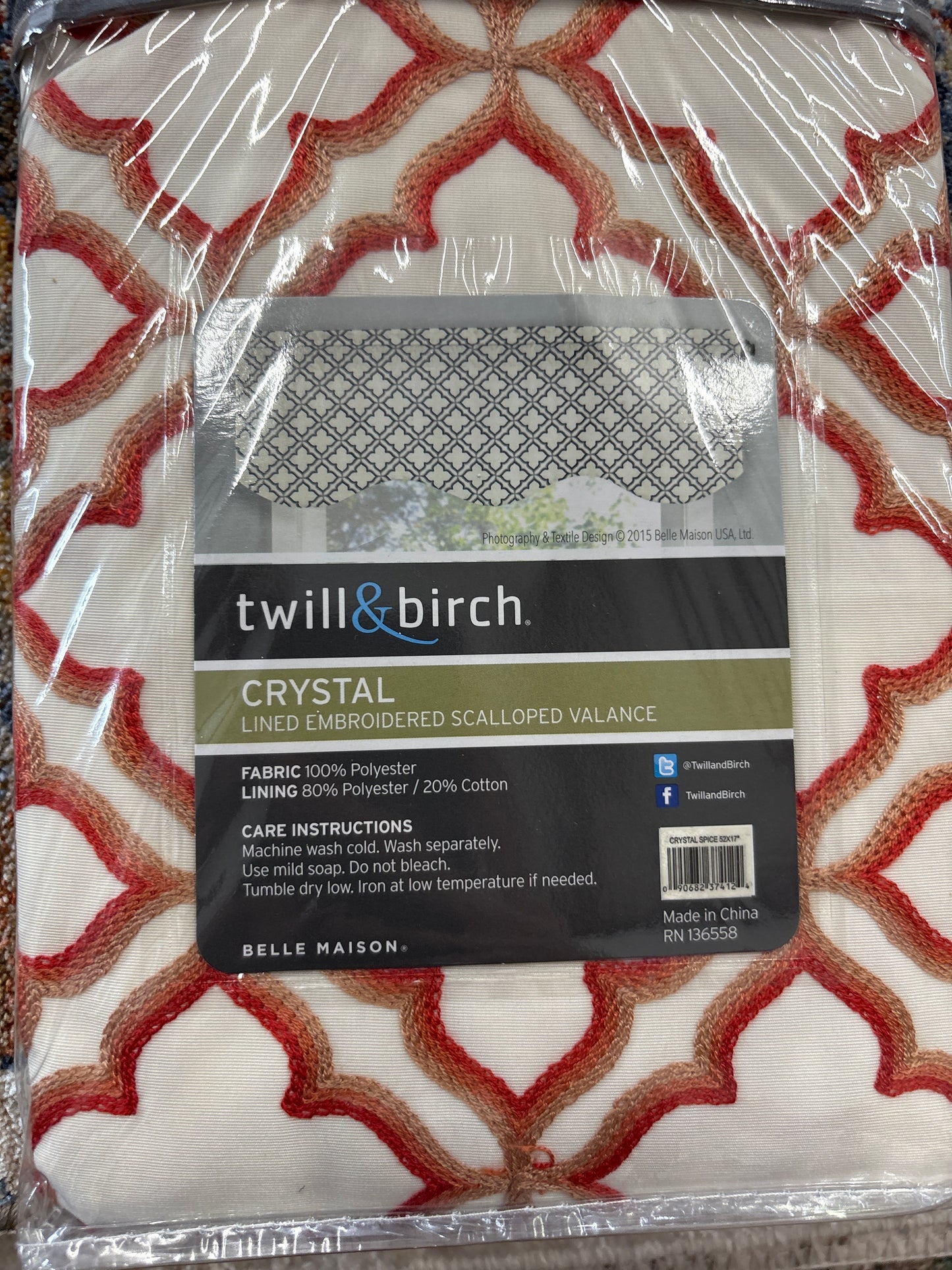 Twill&Birch Crystal Lined Embroidered Scalloped Valance