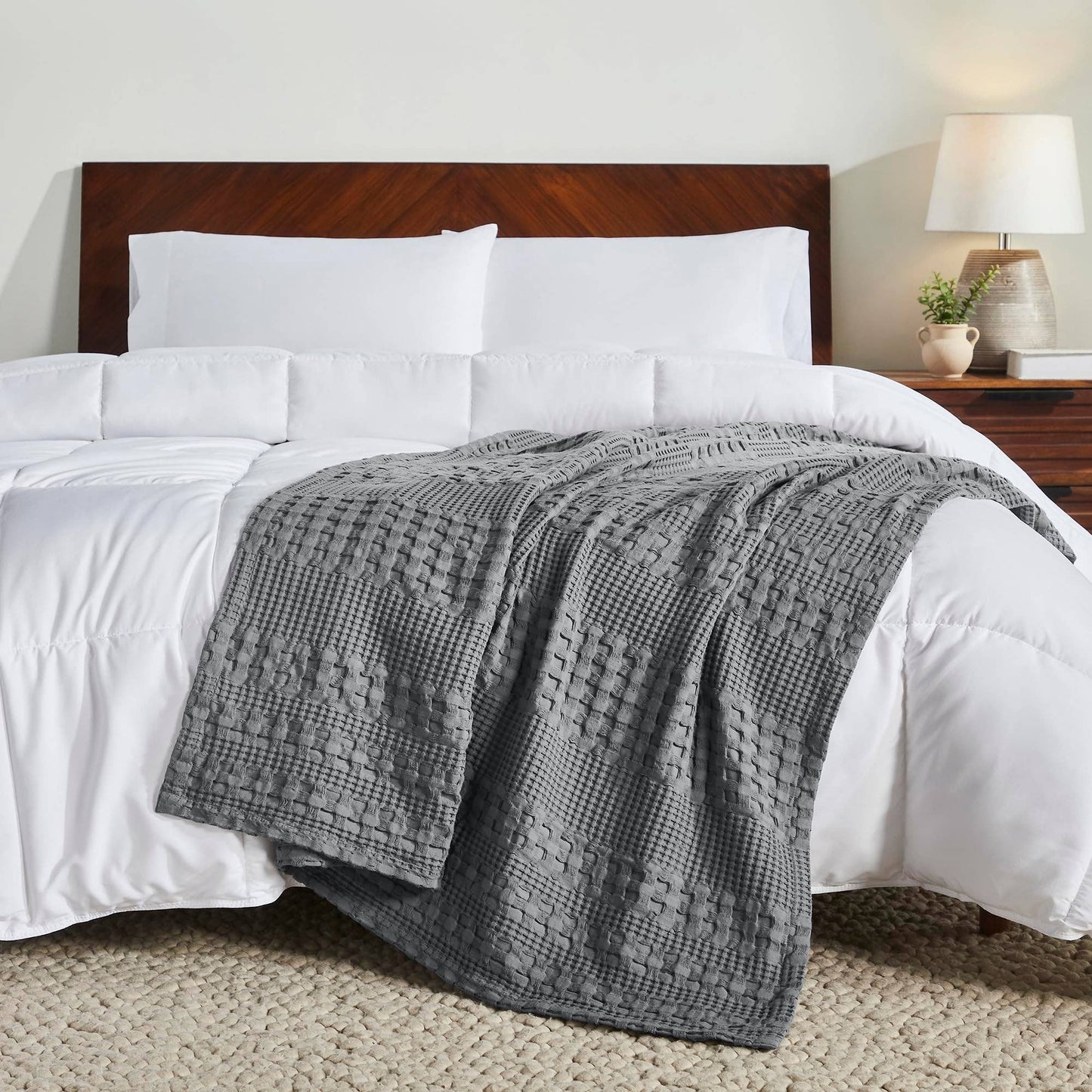 Dark Gray Waffle Weave Throw Blanket – Cotton 50x60