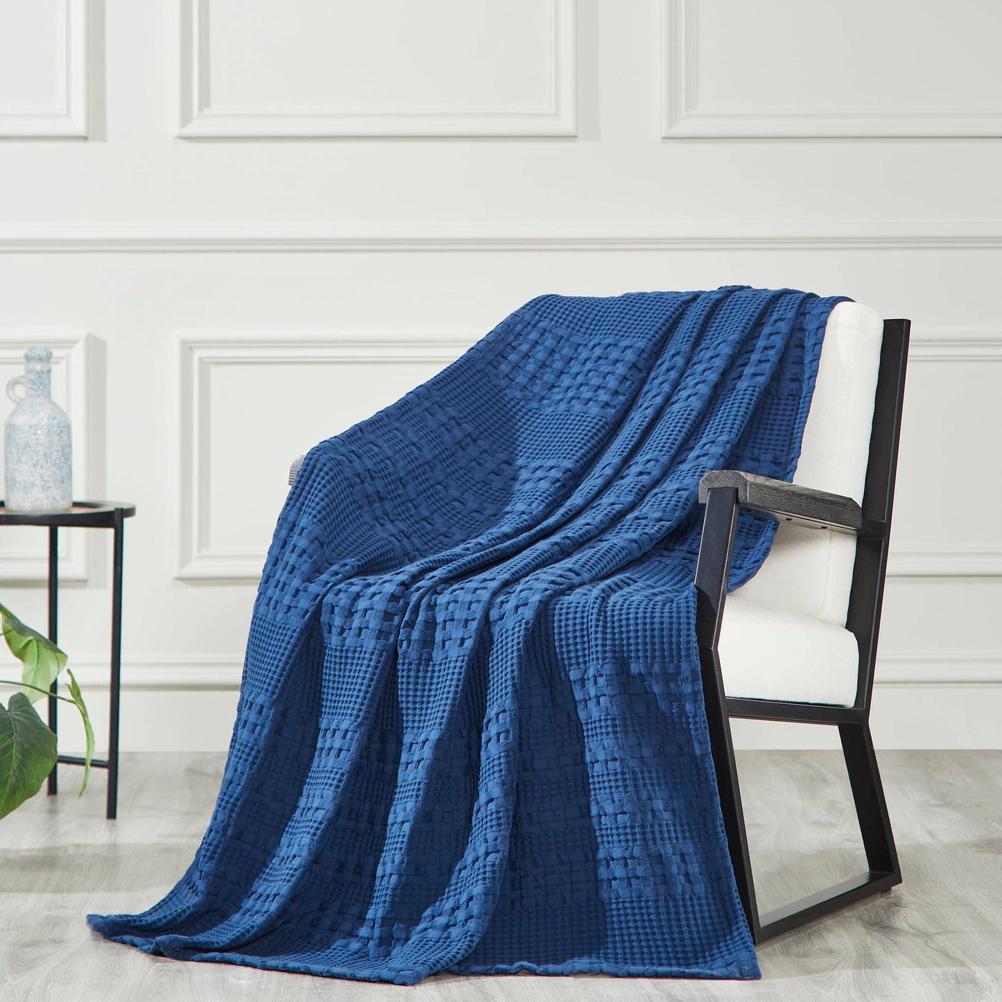 Navy Blue Waffle Weave Throw Blanket – Cotton 50x60