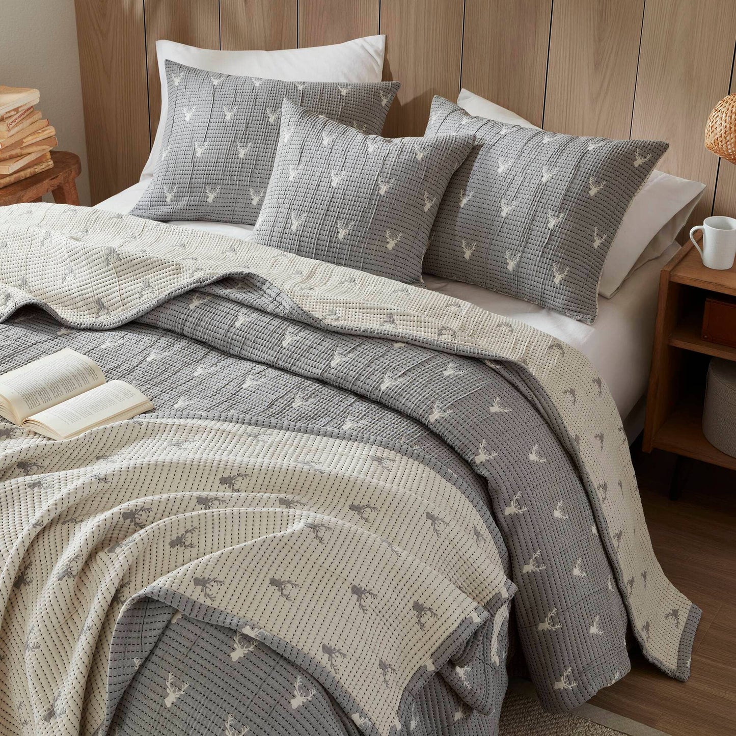 3 Piece Reversible Rustic Coverlet Set, Grey
