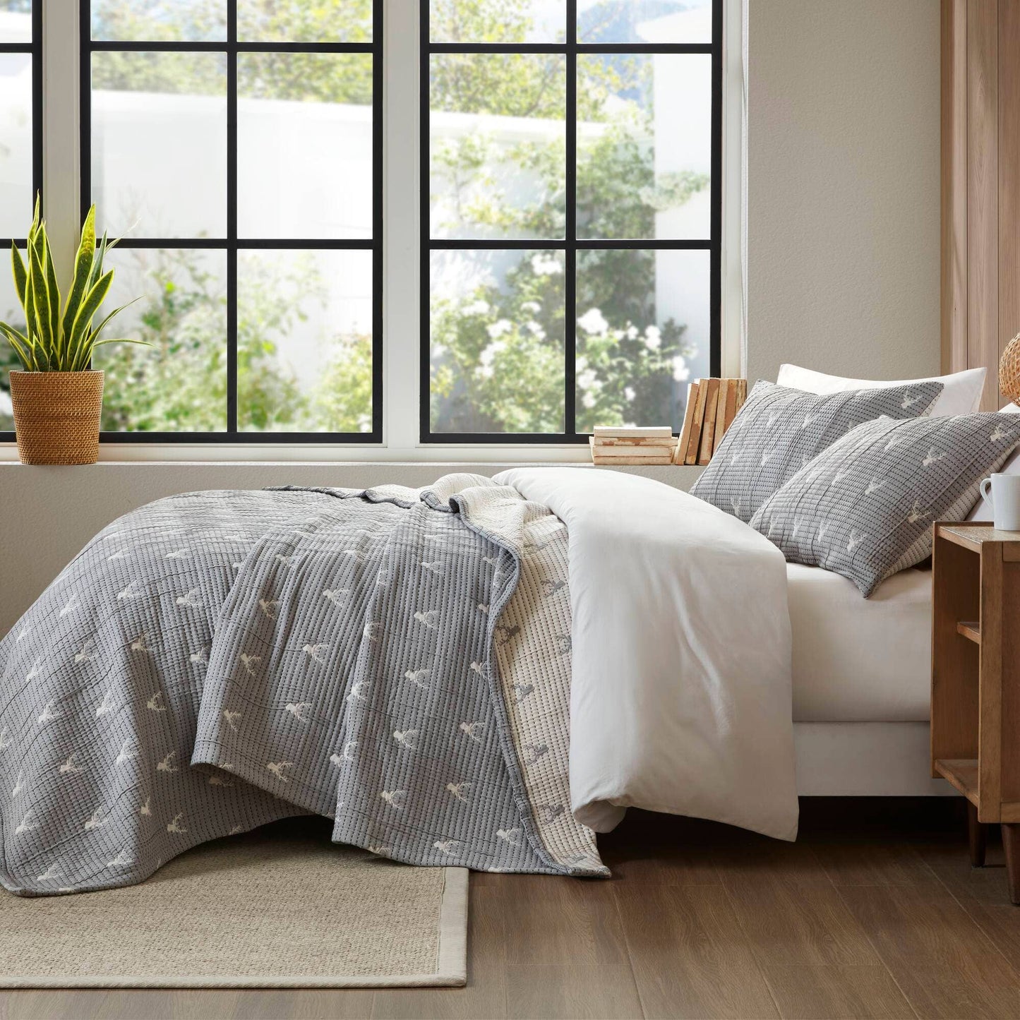 3 Piece Reversible Rustic Coverlet Set, Grey