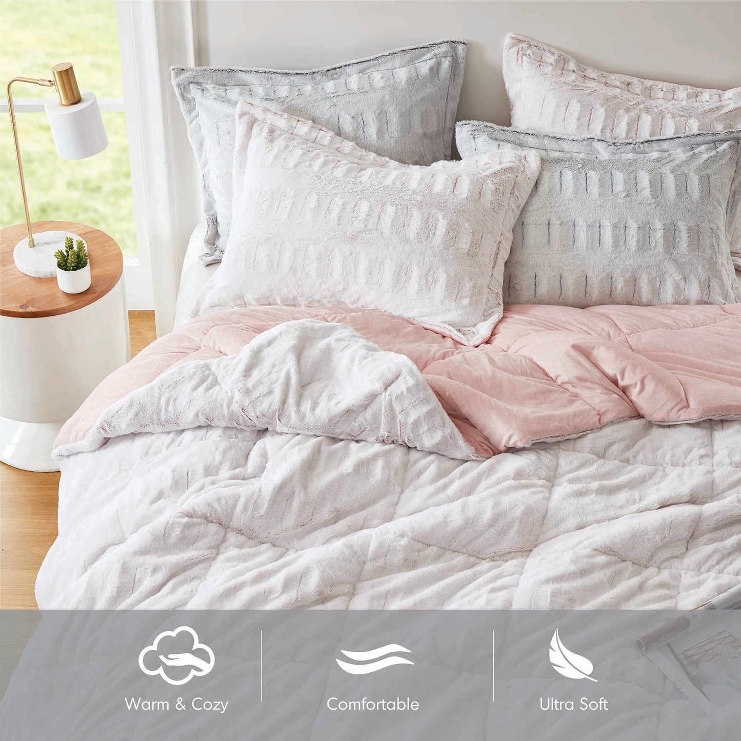 Long Faux Fur Comforter Mini Set, Blush