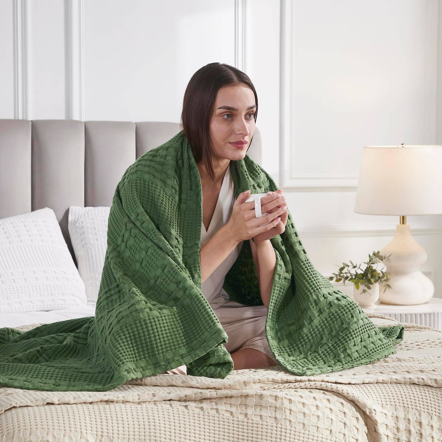 Moss Green Waffle Weave Throw Blanket – Cotton 50x60