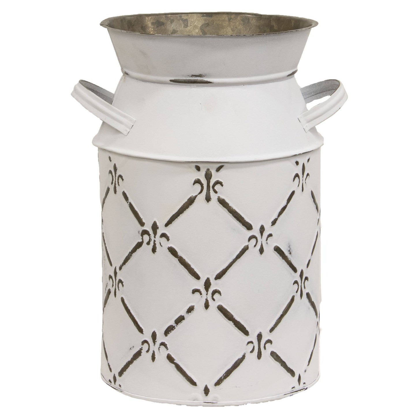 Whitewashed Fleur De Lis Galvanized Milk Can, Large