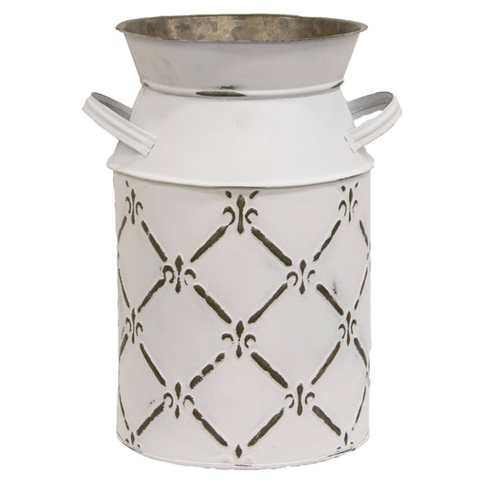 Whitewashed Fleur De Lis Galvanized Milk Can, Large