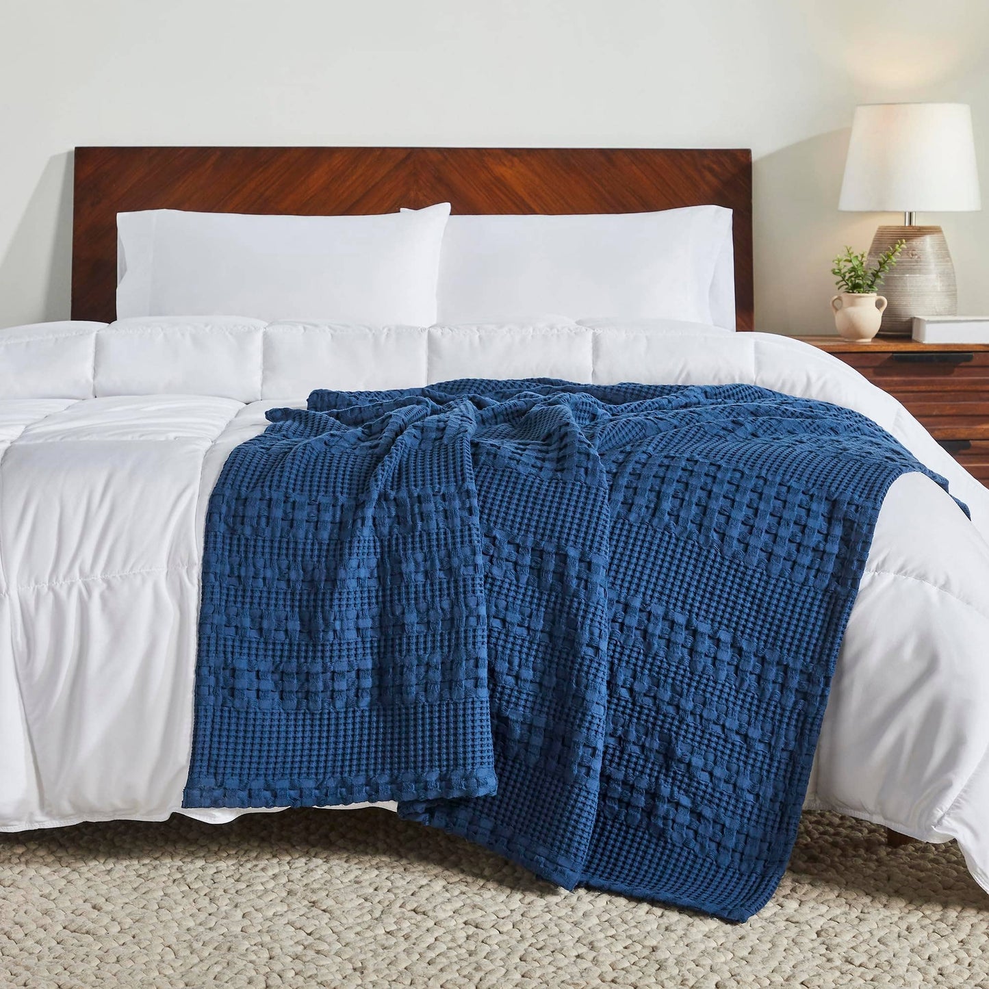 Navy Blue Waffle Weave Throw Blanket – Cotton 50x60