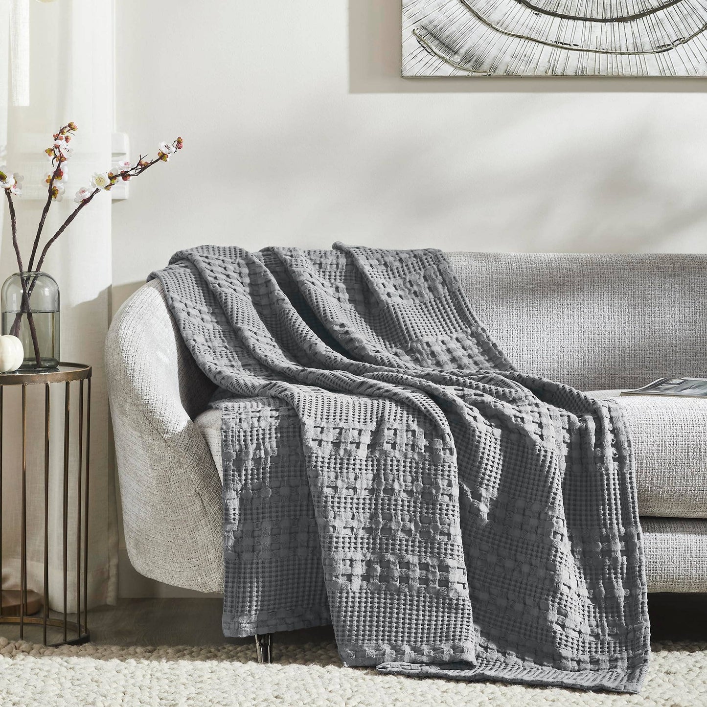 Dark Gray Waffle Weave Throw Blanket – Cotton 50x60