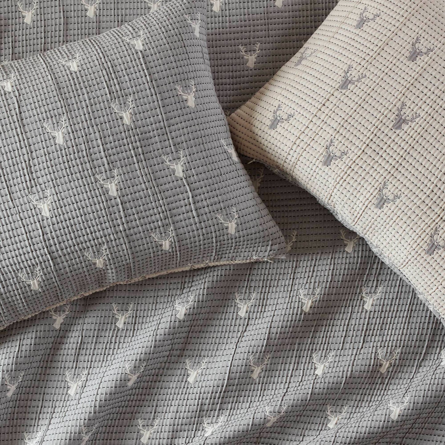 3 Piece Reversible Rustic Coverlet Set, Grey