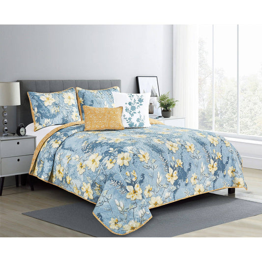 Somerset Floral Oversized 5 Piece Reversible Quilt Set, Blue-Gold
