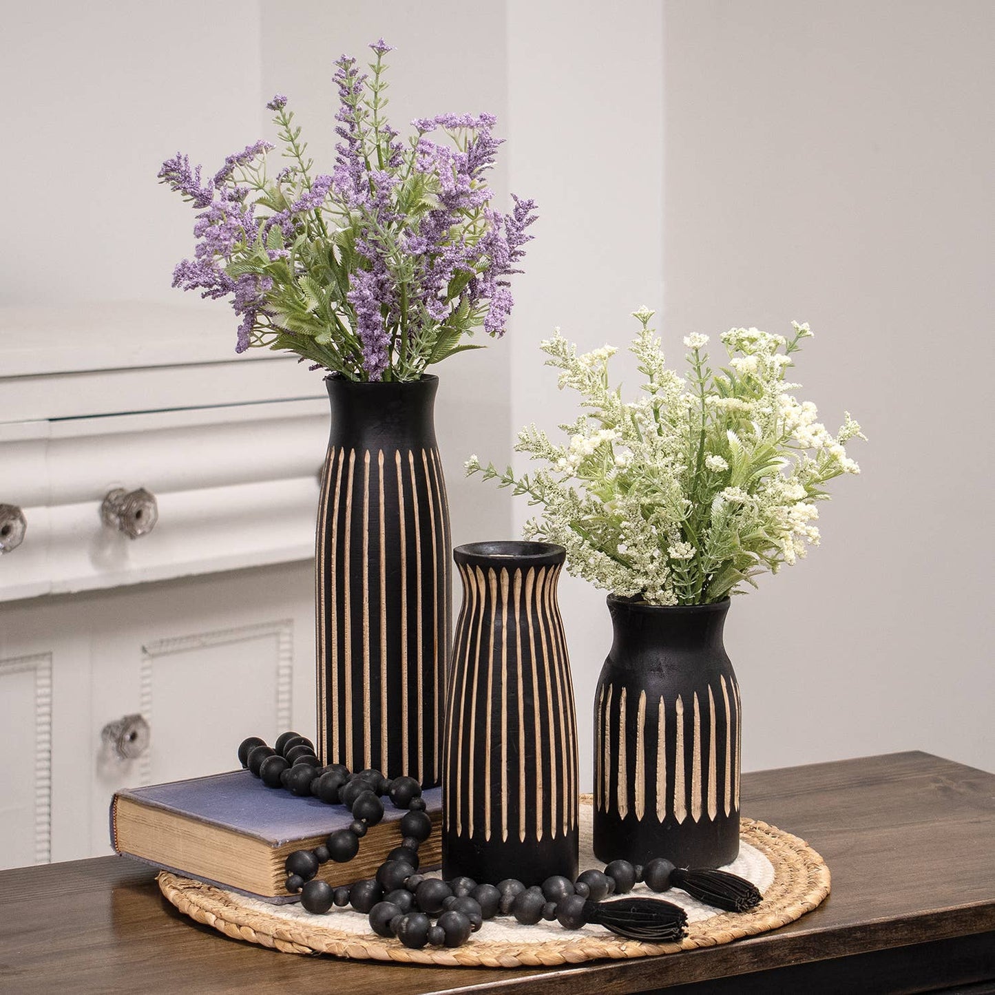 BoHo Etched Black Wooden Vase - 10"