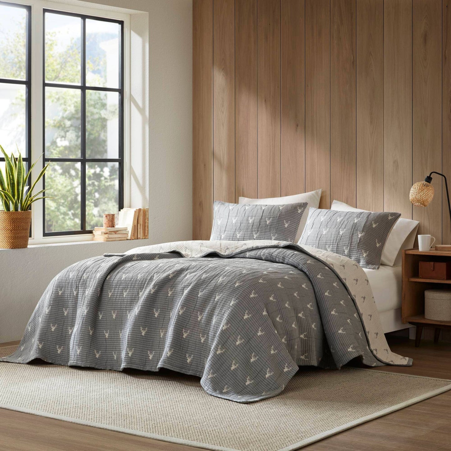 3 Piece Reversible Rustic Coverlet Set, Grey