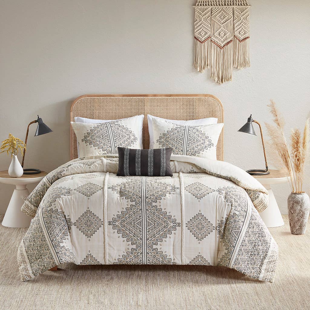 4 Piece Boho Printed Comforter Beige/Ivory