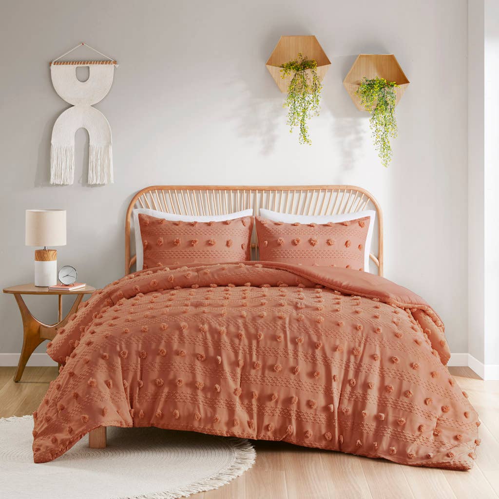 Clip Jacquard Pompoms Comforter Rust