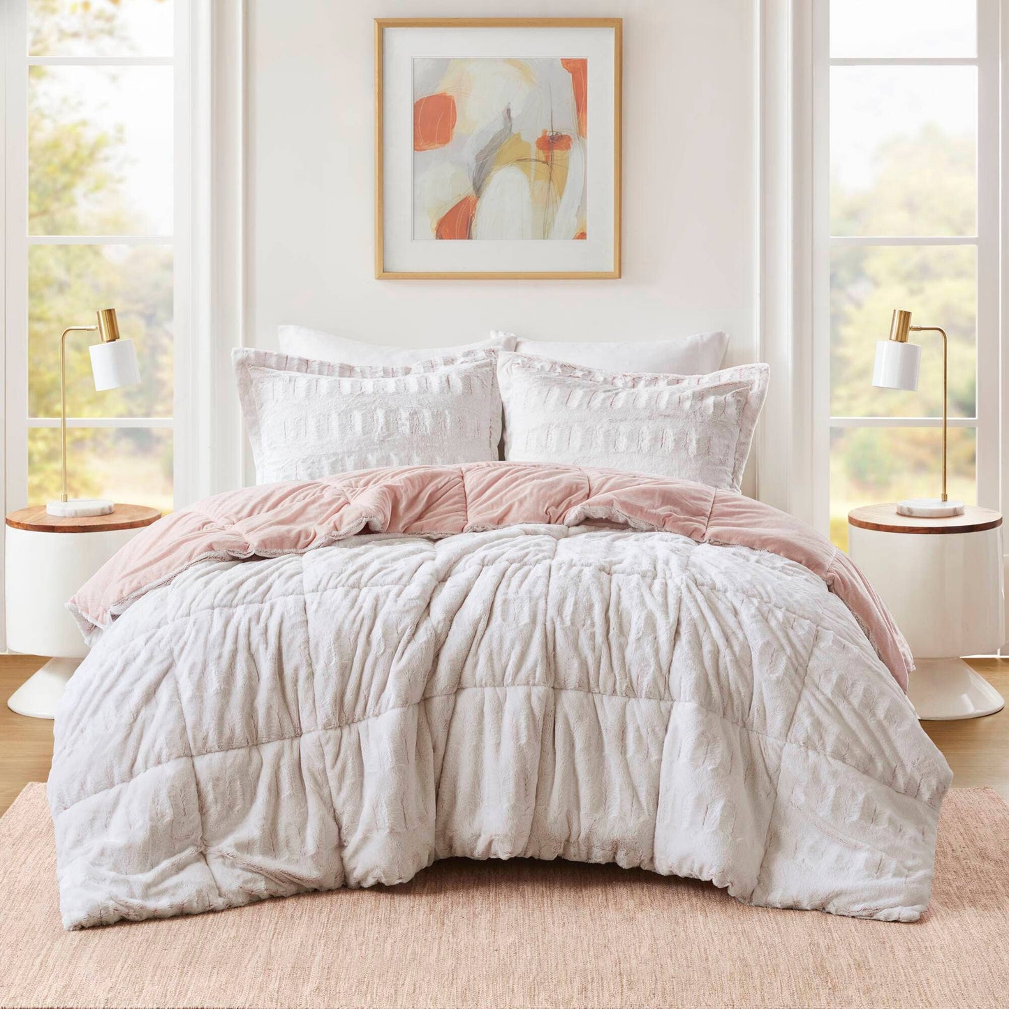 Long Faux Fur Comforter Mini Set, Blush