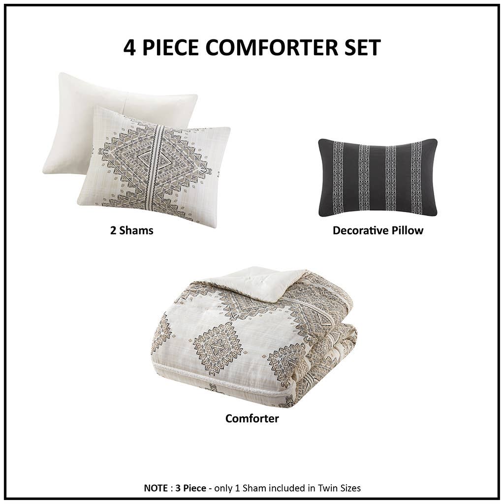4 Piece Boho Printed Comforter Beige/Ivory