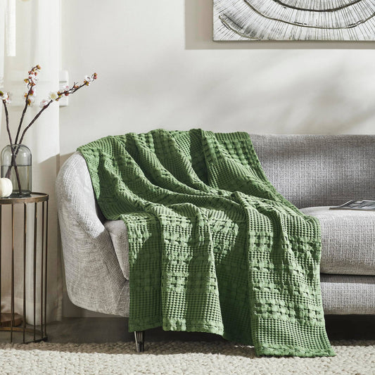Moss Green Waffle Weave Throw Blanket – Cotton 50x60