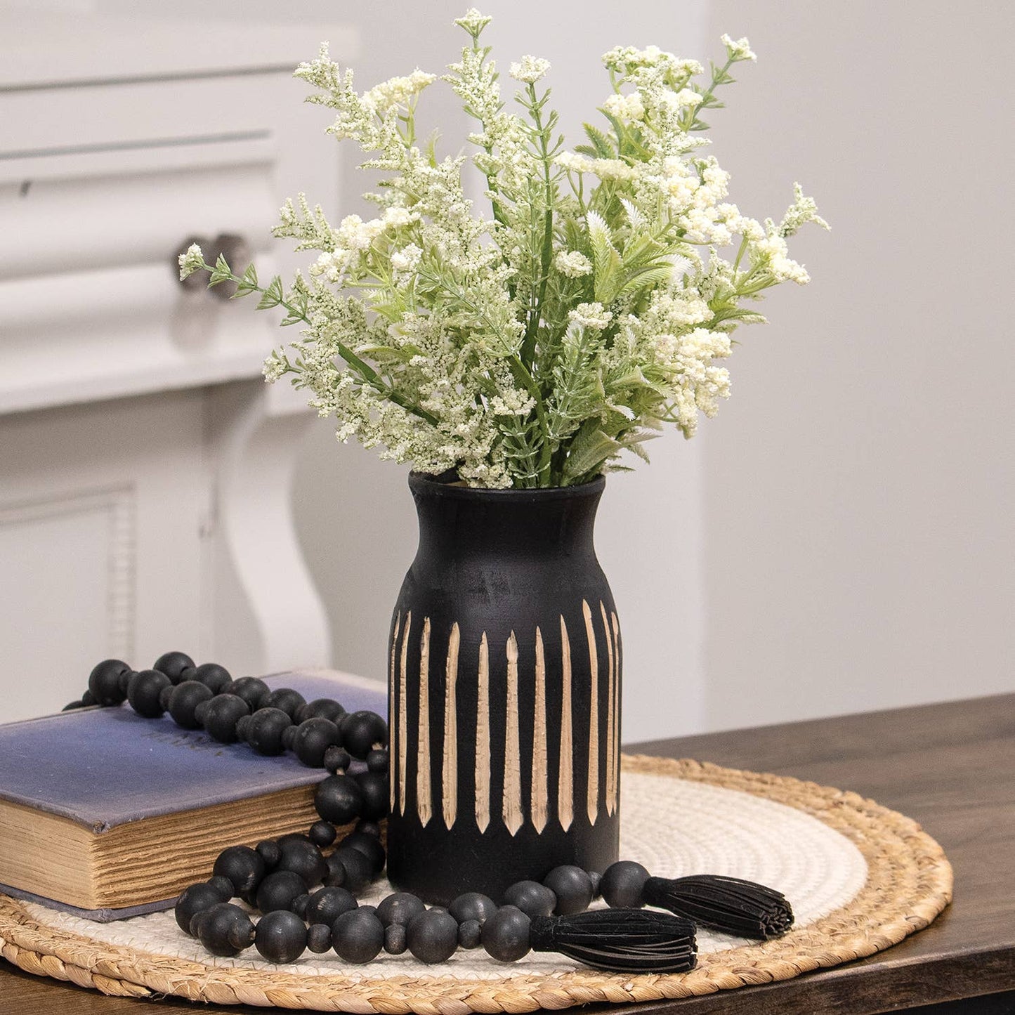 BoHo Etched Black Wooden Vase - 6.5"