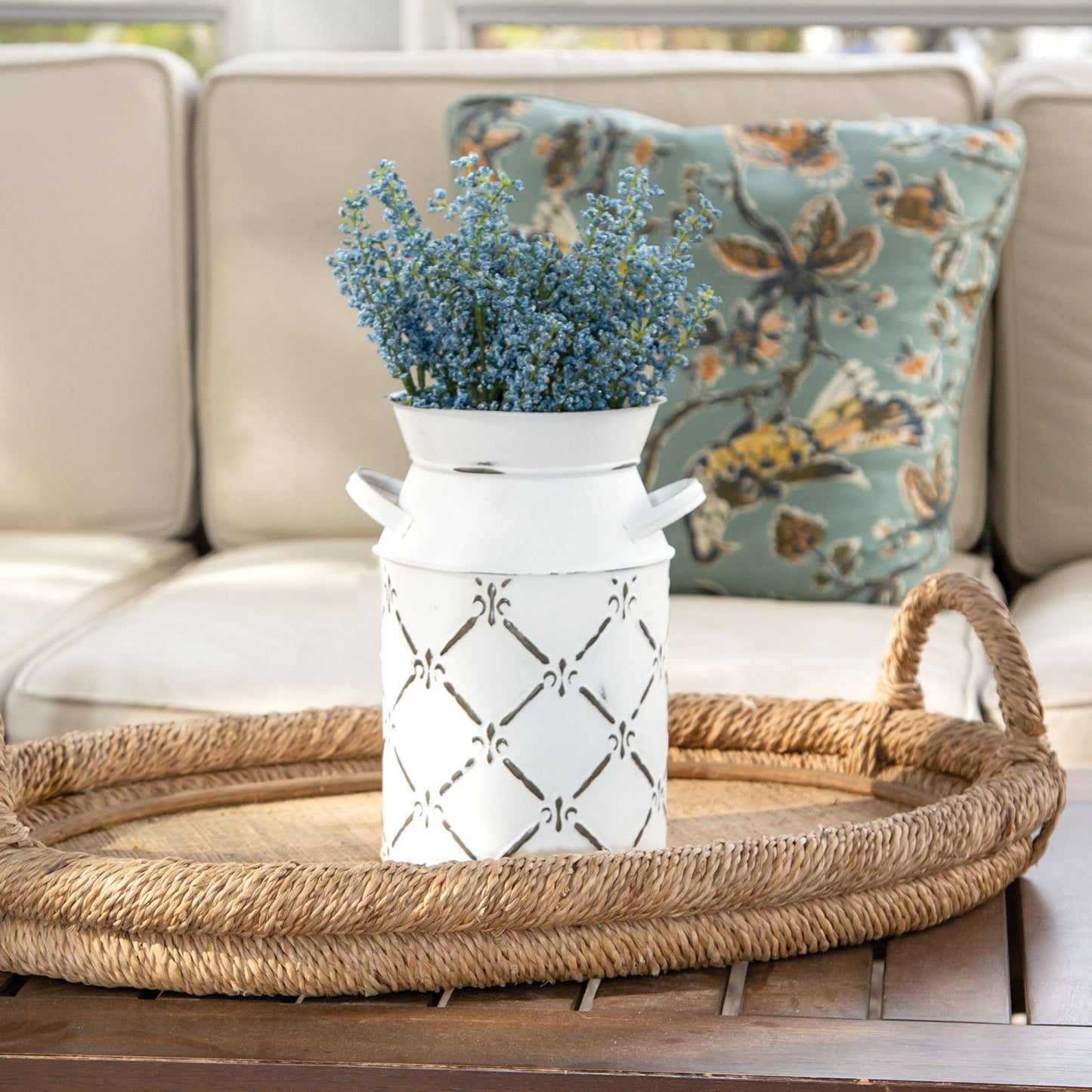 Whitewashed Fleur De Lis Galvanized Milk Can, Large