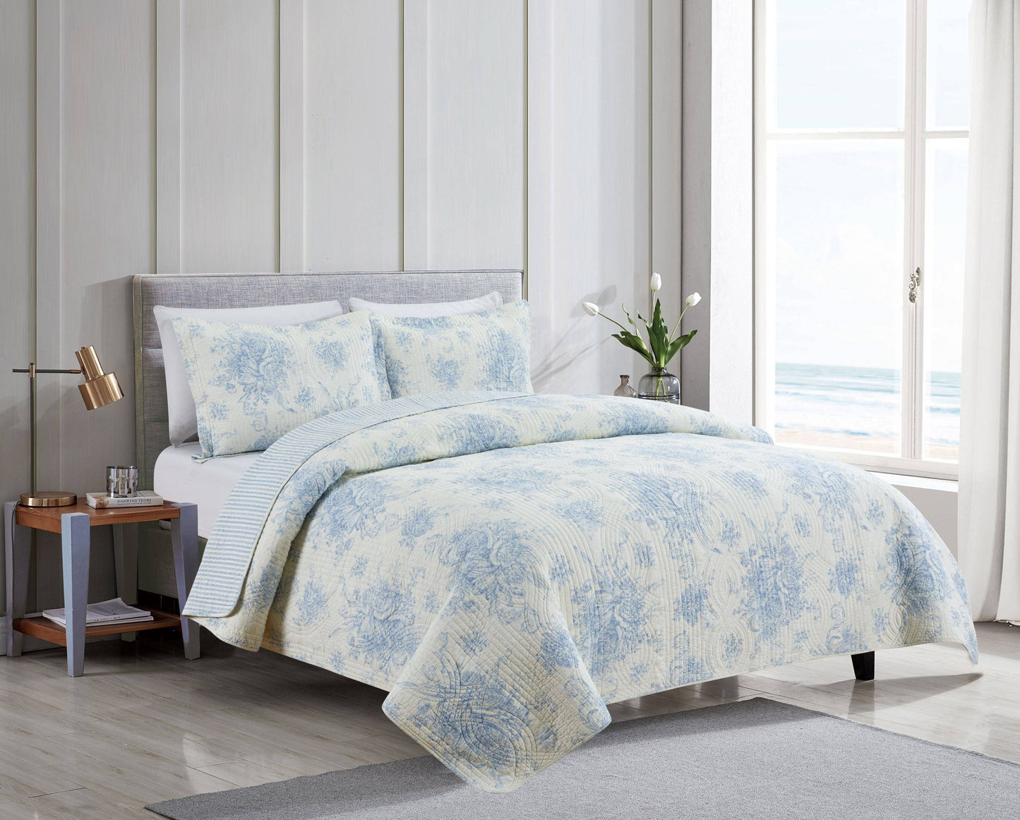 Toile Reversible Cotton Quilt Set