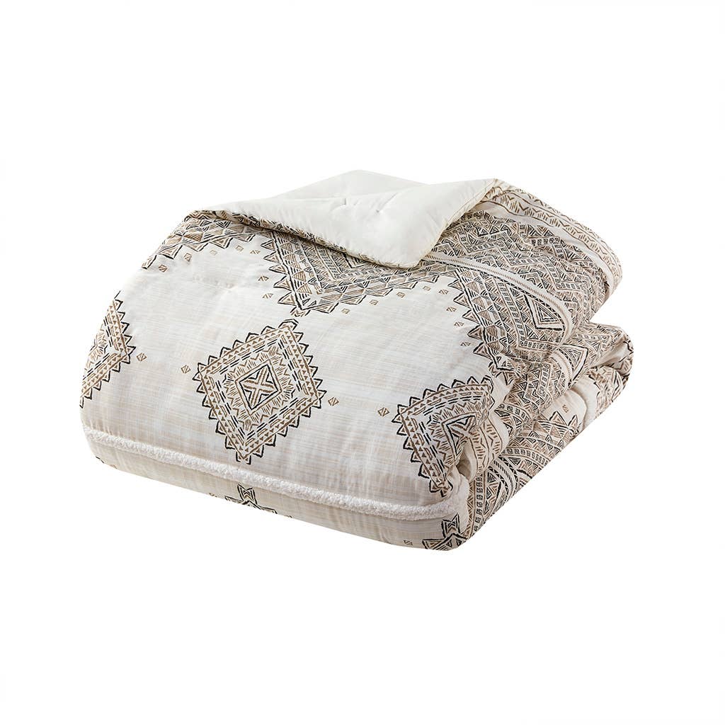 4 Piece Boho Printed Comforter Beige/Ivory