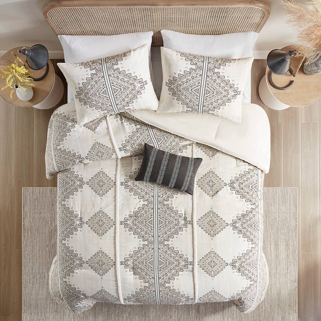 4 Piece Boho Printed Comforter Beige/Ivory