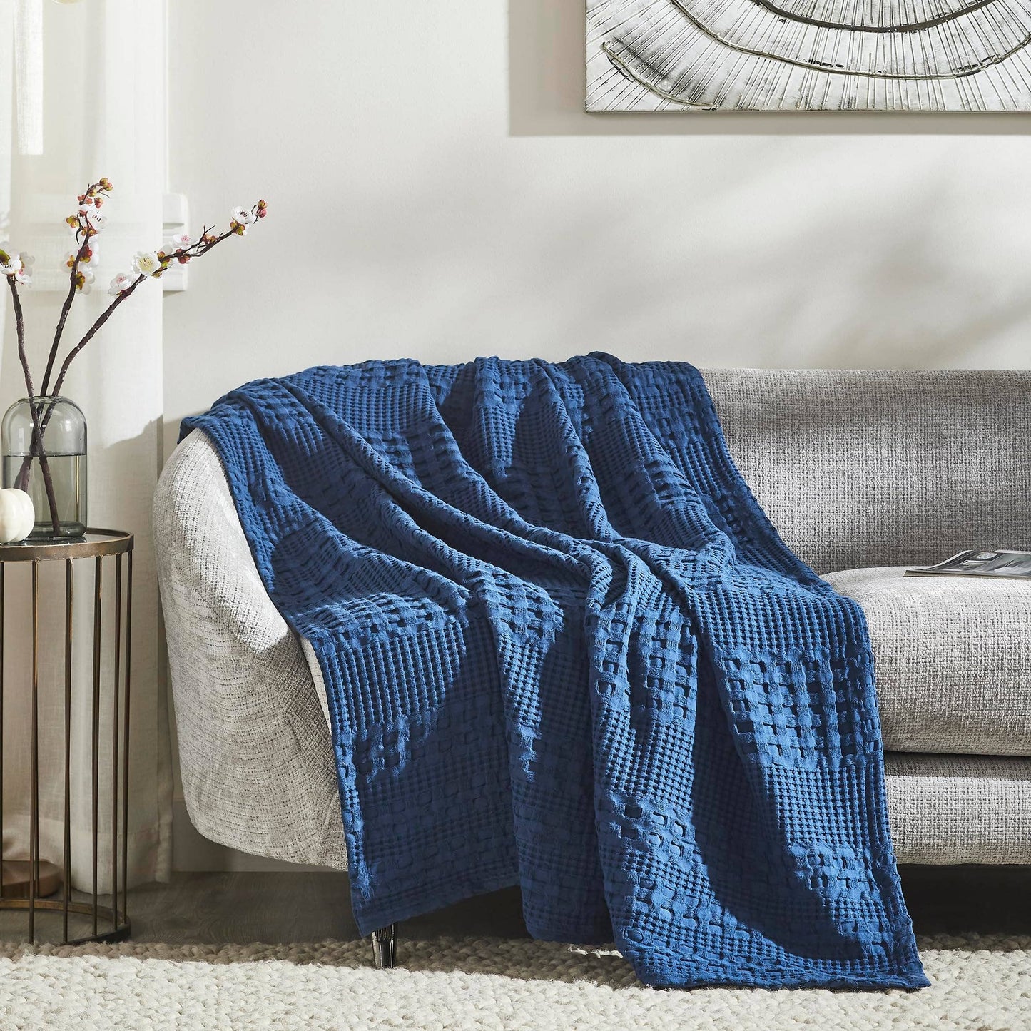 Navy Blue Waffle Weave Throw Blanket – Cotton 50x60
