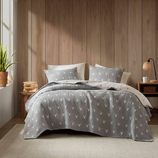 3 Piece Reversible Rustic Coverlet Set, Grey