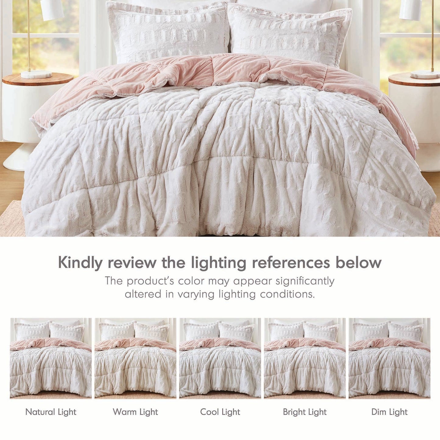 Long Faux Fur Comforter Mini Set, Blush