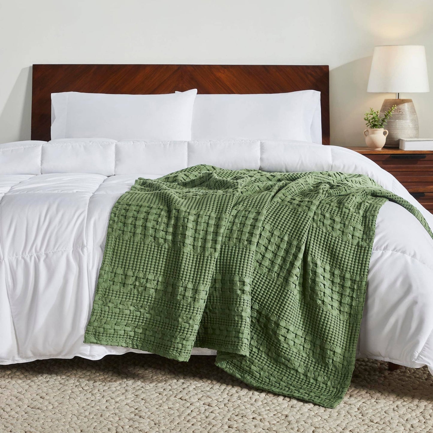 Moss Green Waffle Weave Throw Blanket – Cotton 50x60