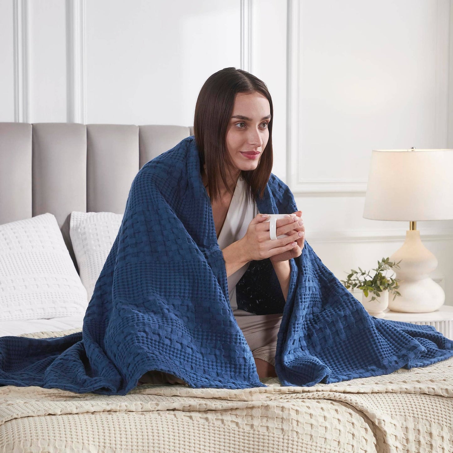 Navy Blue Waffle Weave Throw Blanket – Cotton 50x60