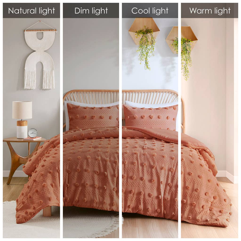 Clip Jacquard Pompoms Comforter Rust