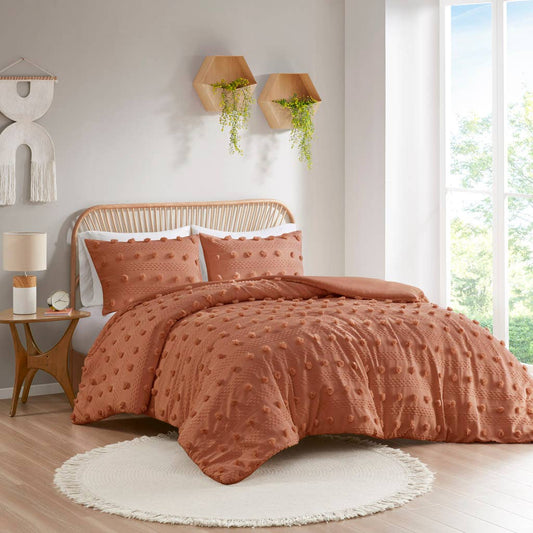 Clip Jacquard Pompoms Comforter Rust