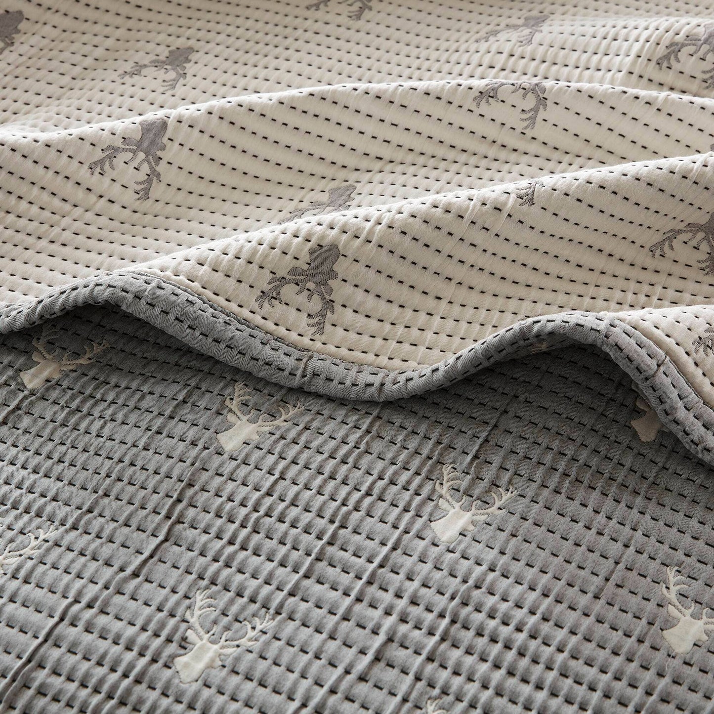3 Piece Reversible Rustic Coverlet Set, Grey