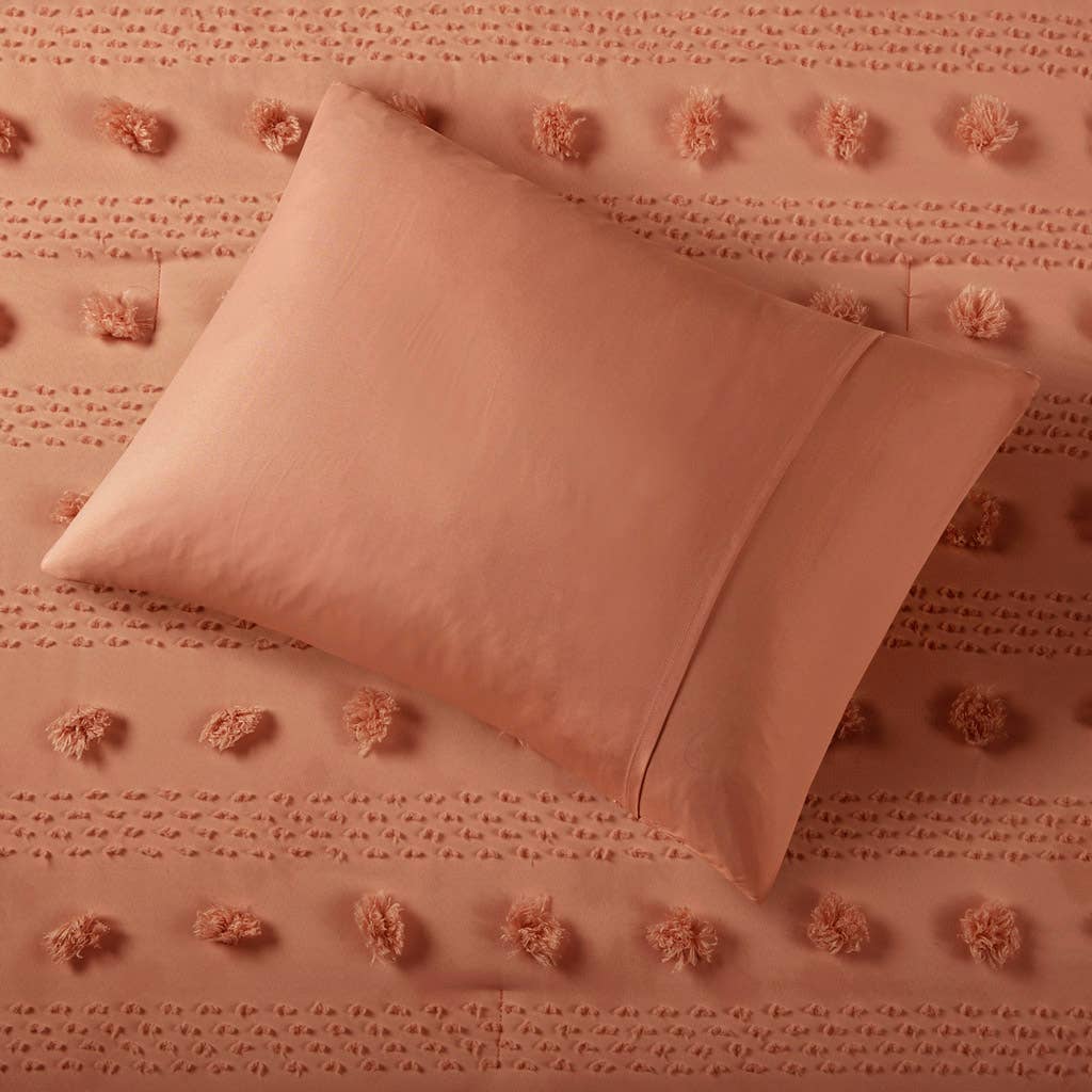Clip Jacquard Pompoms Comforter Rust
