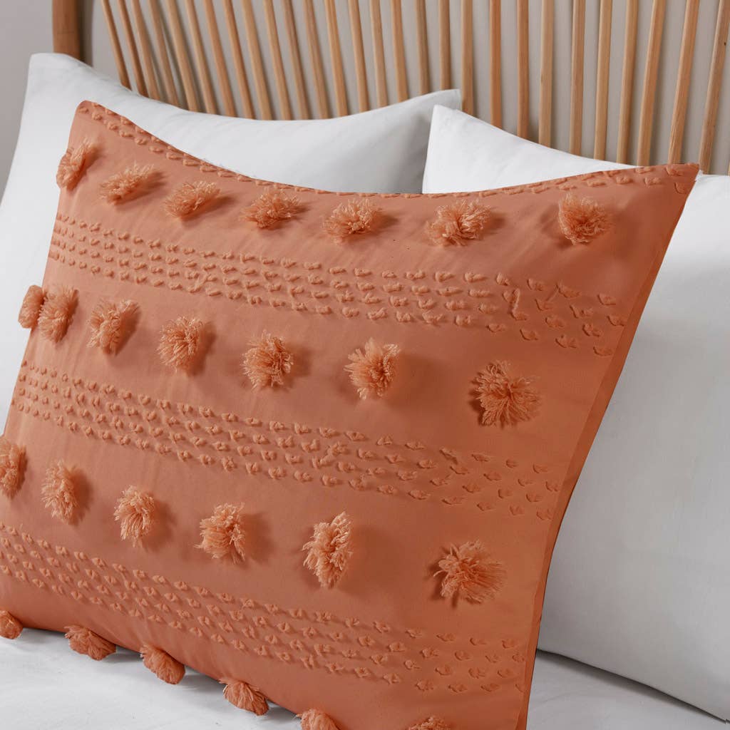 Clip Jacquard Pompoms Comforter Rust
