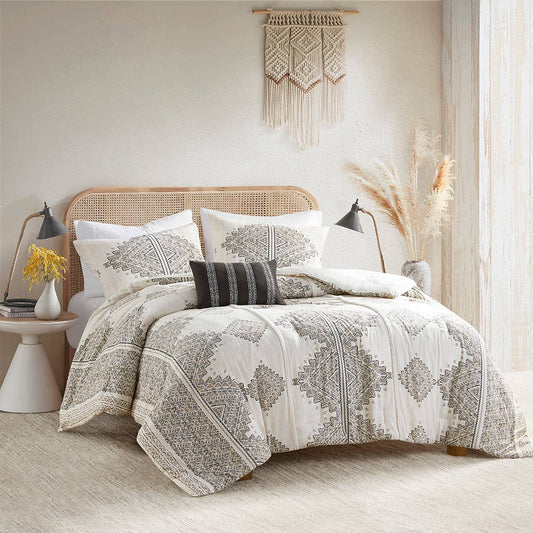 4 Piece Boho Printed Comforter Beige/Ivory