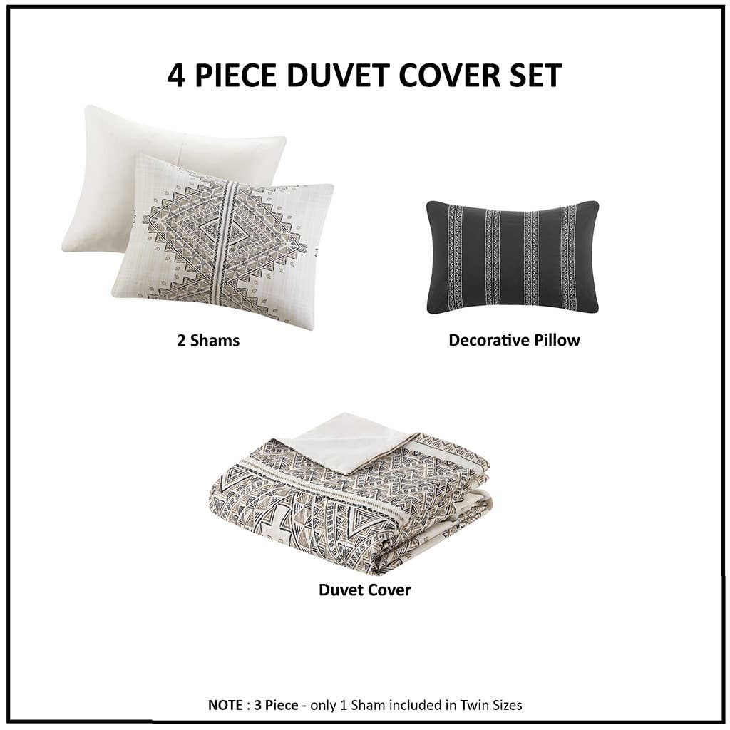 4 Piece Boho Printed Comforter Beige/Ivory