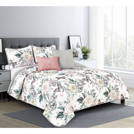 Charlize Floral Oversized 5 Piece Reversible Wrinkle-Free Quilt Set, Gray-Multi