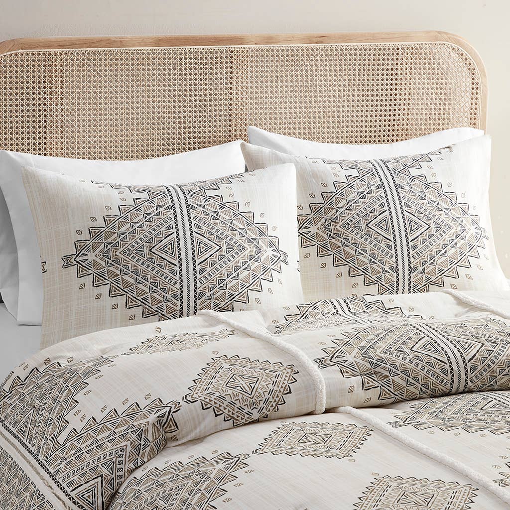 4 Piece Boho Printed Comforter Beige/Ivory